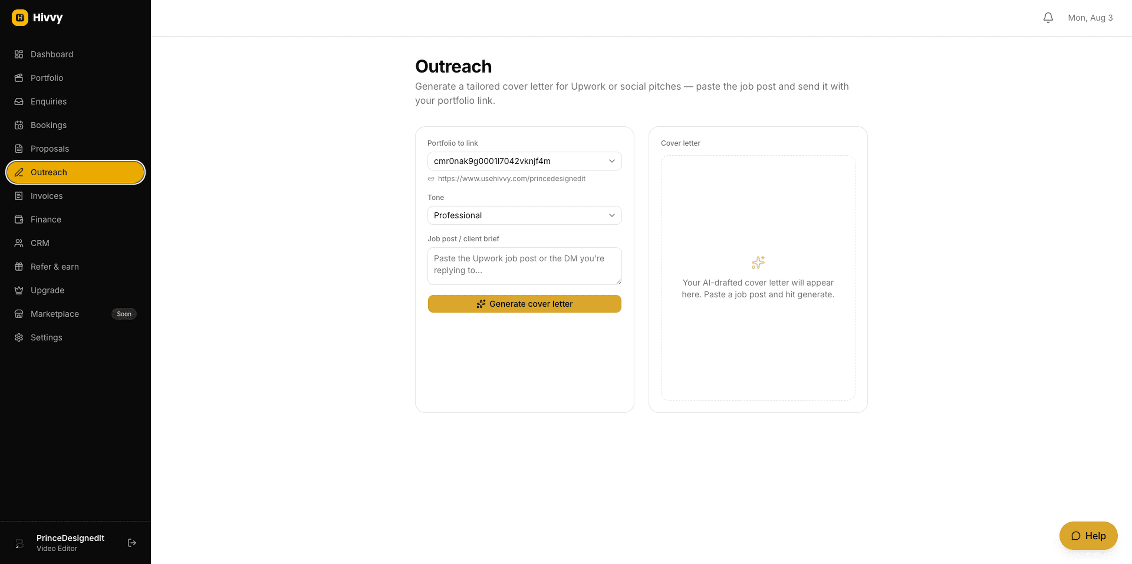 Hivvy's AI outreach tool generating a cover letter from a pasted job post