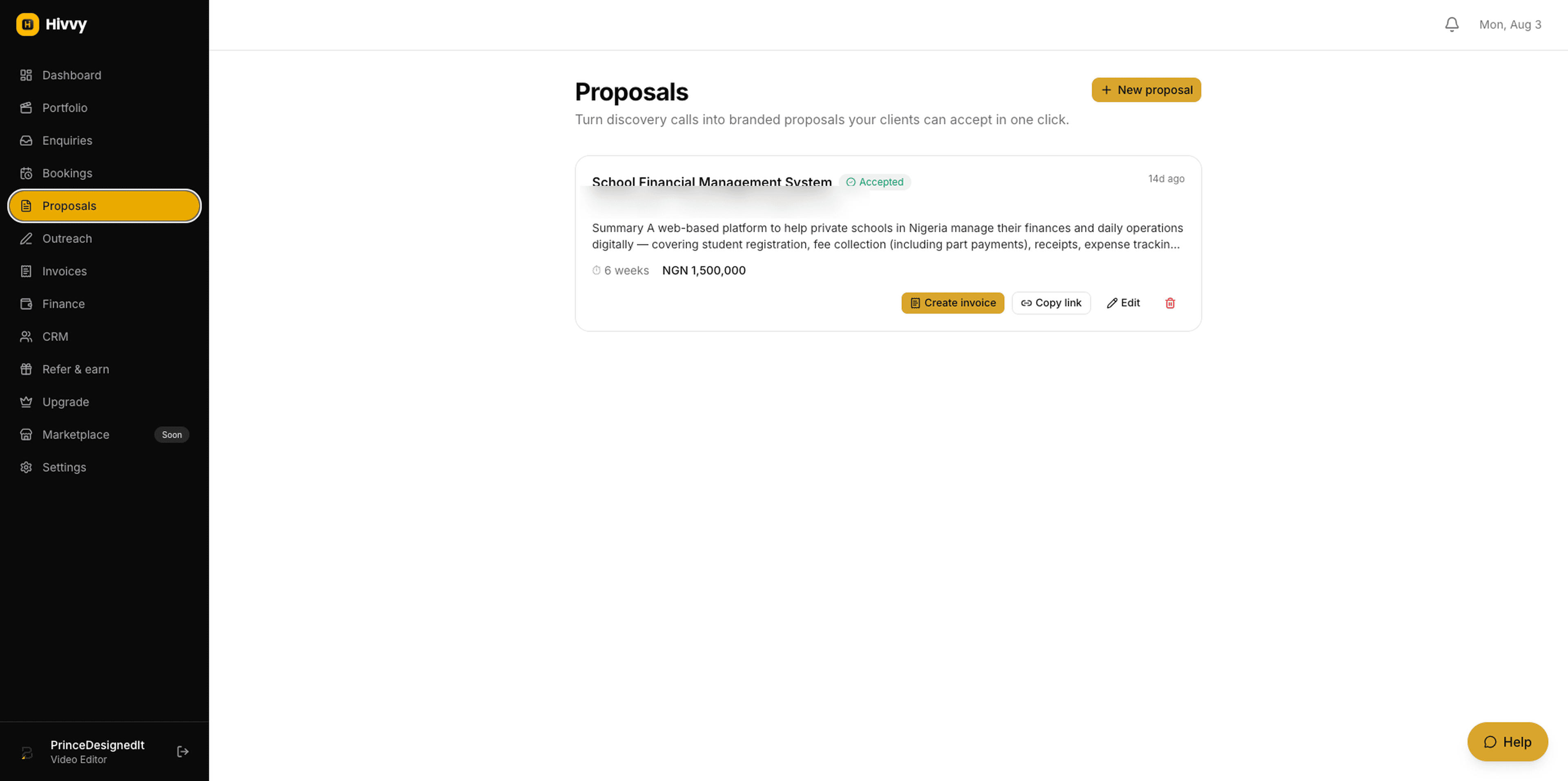 A proposal in Hivvy, ready for a client to review and accept